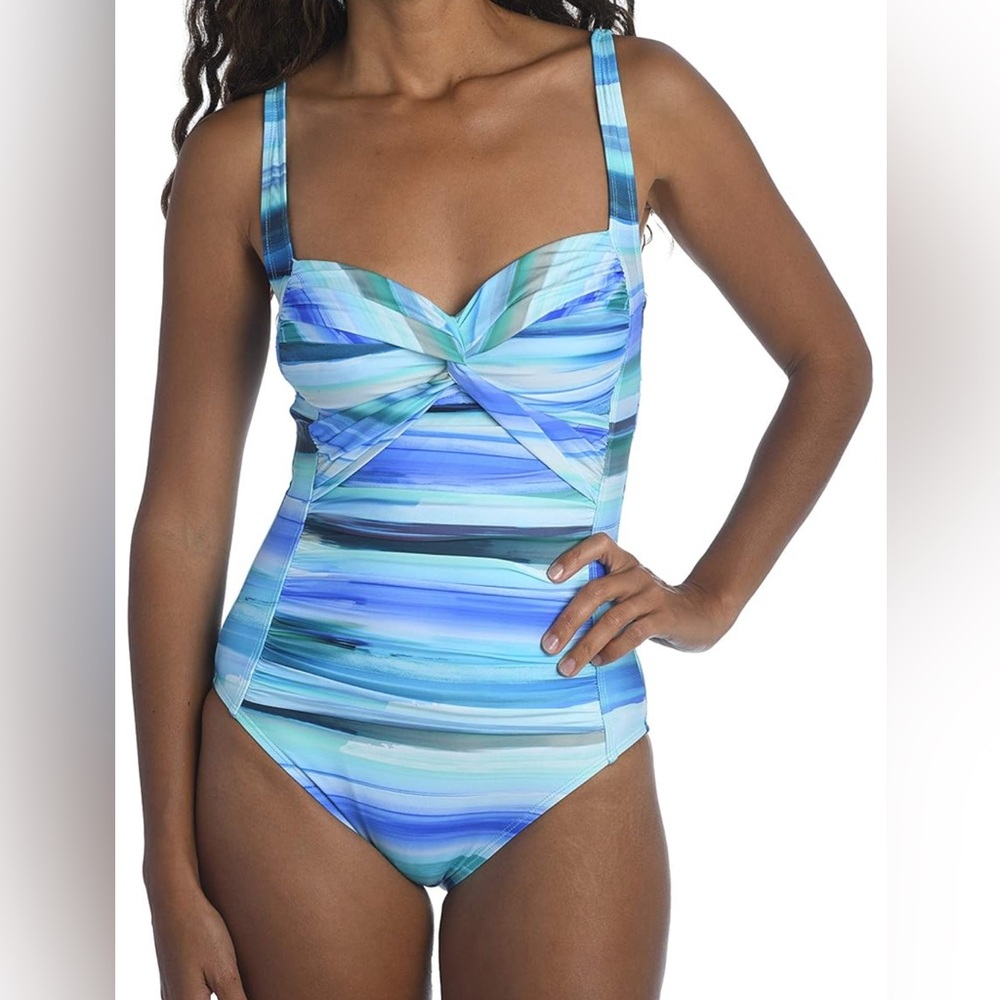 La Blanca Ocean Tide Twist one piece with tummy control in Pacific Blue
